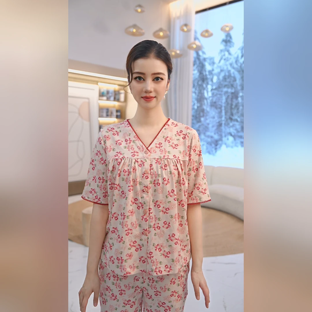 秋鹿【新款】夏季田园家居服针织碎花印花五分袖九分裤女睡衣