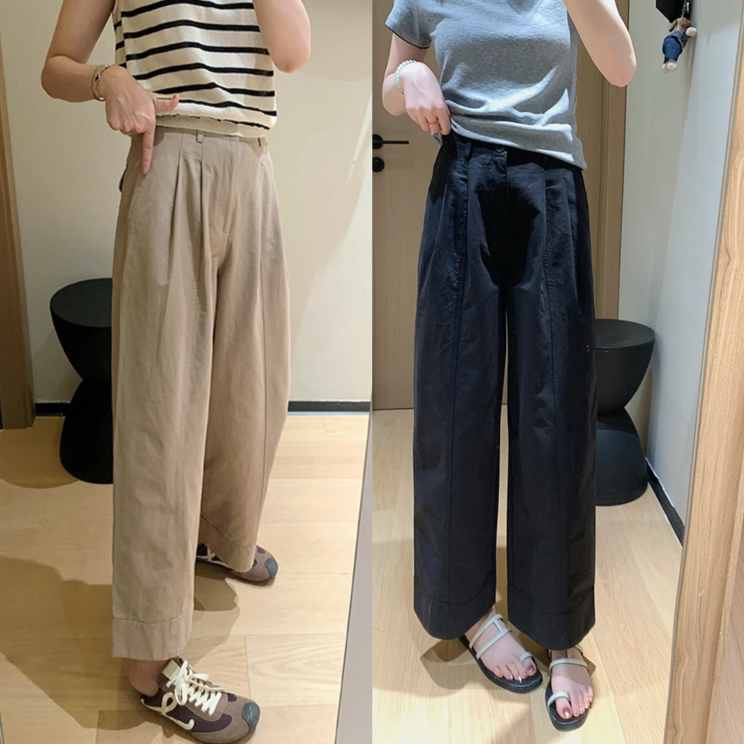 日杂风双褶宽边九分气球裤秋季新款梨型身材显瘦宽松阔腿休闲裤