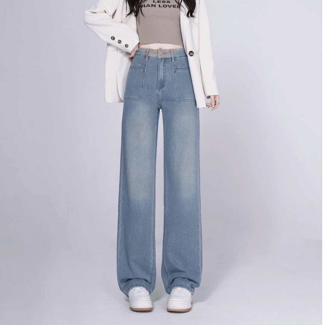 EOL（七彩祥云）春季新款高腰窄版阔腿直筒显瘦百搭女牛仔裤7006