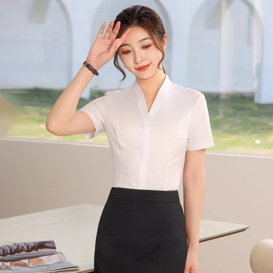 通勤白色V领衬衫女短袖衬衣夏季款空乘大学生面试正装银行工作服