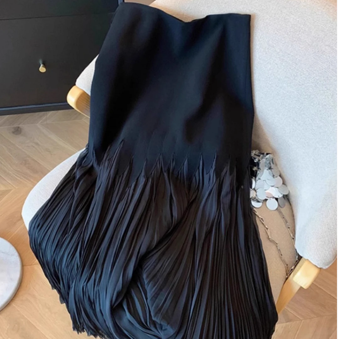 高级感网纱拼接半身裙女春秋2025新款高腰显瘦超仙气质a字百褶裙