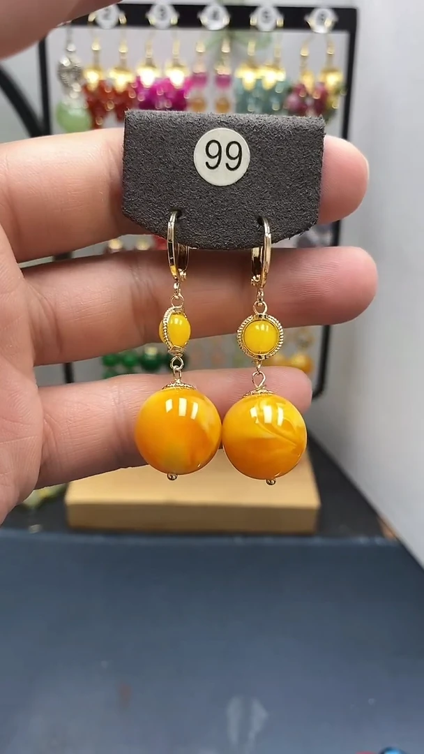 银S925镀金镶嵌蜜蜡耳饰尺寸16mm耳扣D1