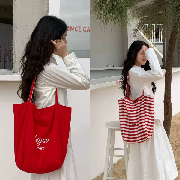 双面条纹帆布包包女小众韩国大容量慵懒风托特包学生休闲购物袋包