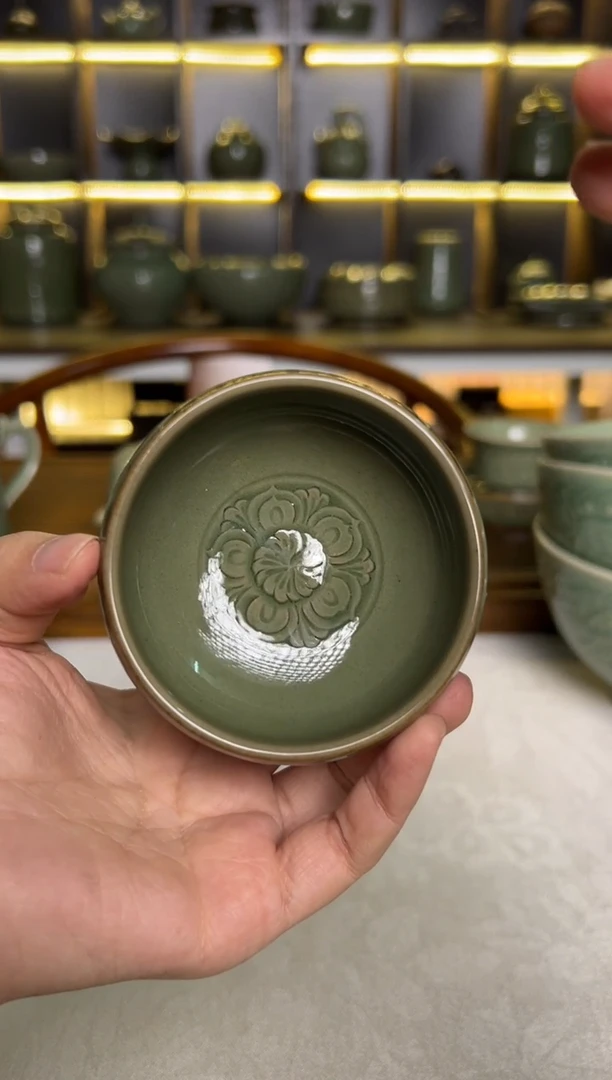 瓷片耀州窑纯手工内外双刻宝相花宝相钵微瑕福利