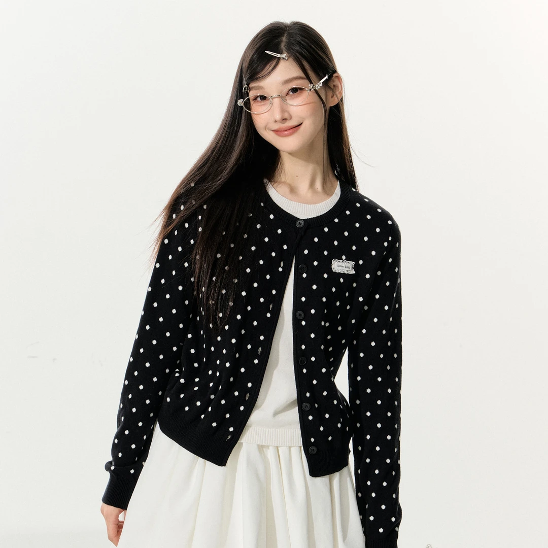 ELEVEN SLEEP波点假两件针织开衫上衣女秋季高级感慵懒风毛衣外套