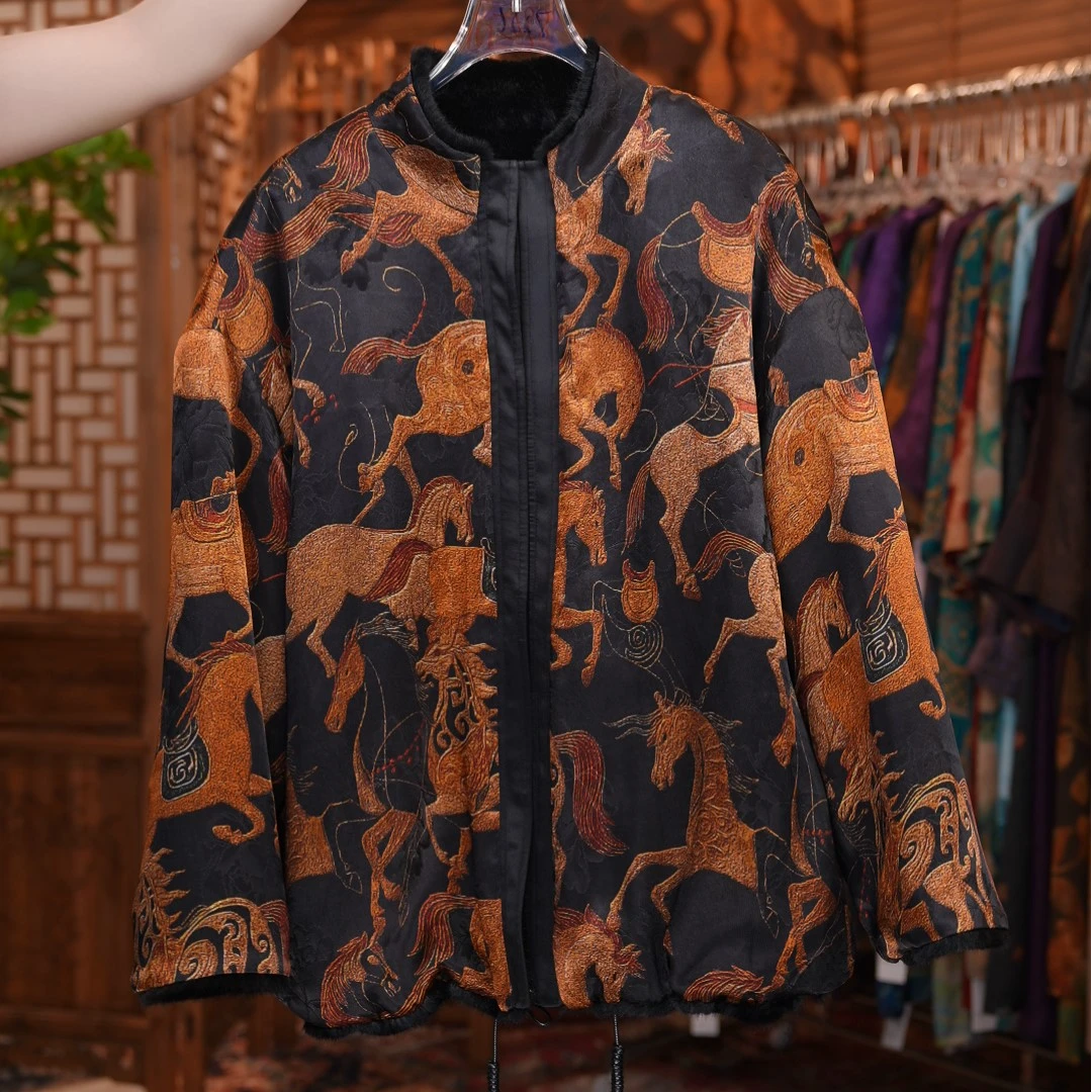 A0281中国风短裙提花立领中老年女装棉衣印花棉服中式短款