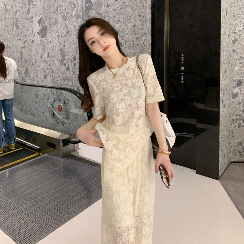 韩系夏日穿搭一整套减龄运动休闲高级感蕾丝镂空阔腿裤两件套装女