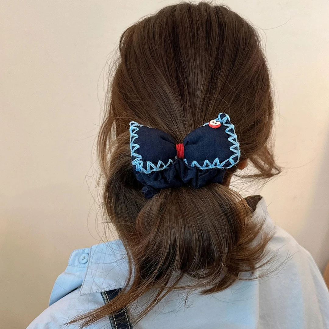 韩系蓝色蝴蝶结小肠发圈女2025新款扎头发绳简约高弹力橡皮筋头绳