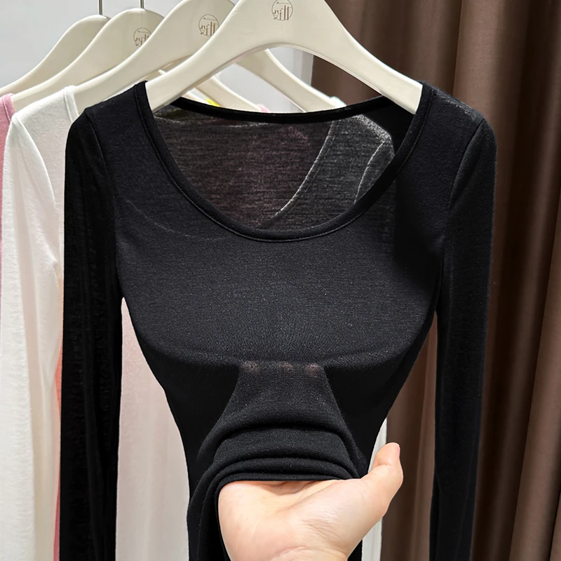 2025春季黑色漏锁骨纯欲内搭打底衫微透大圆领长袖套头上衣T恤女