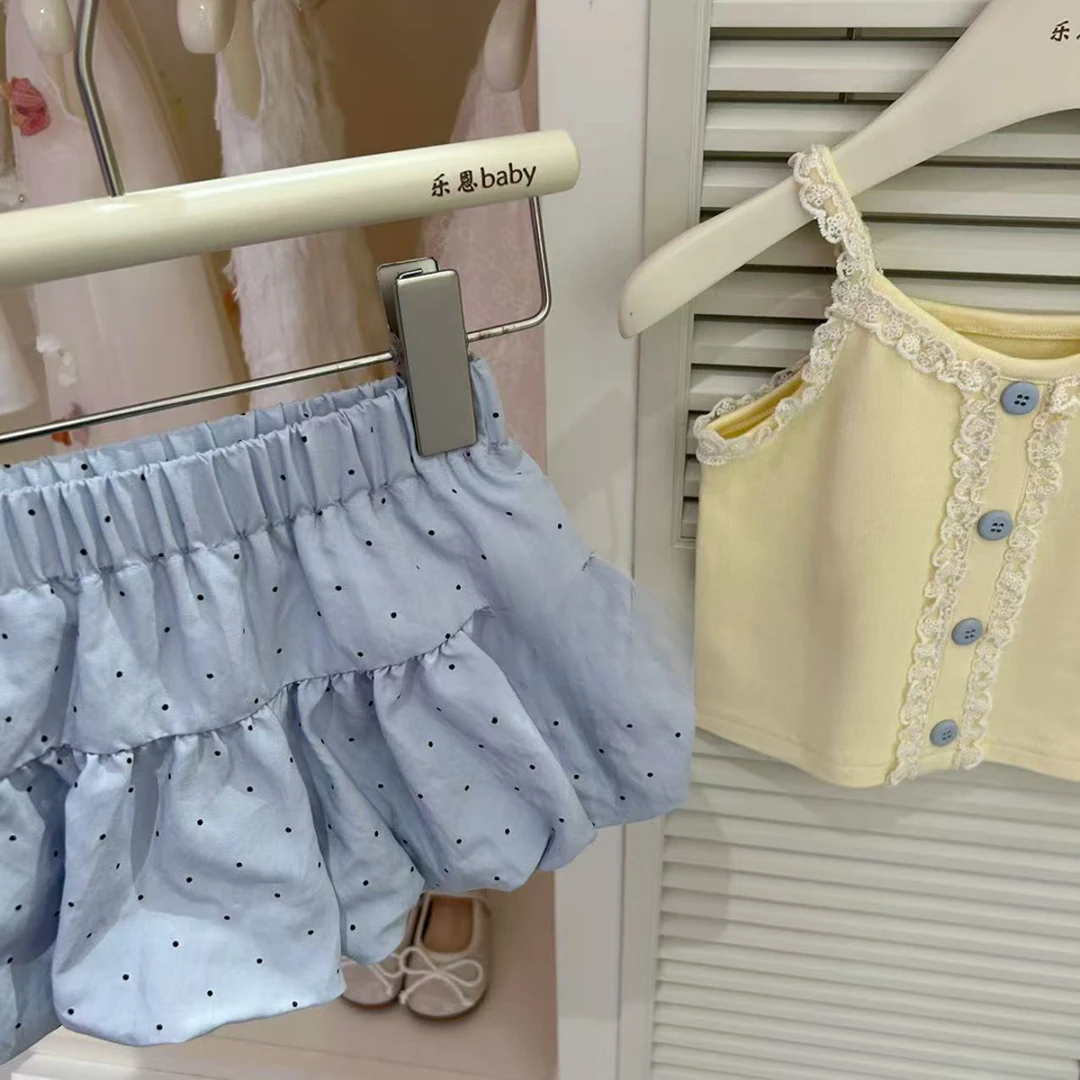 扣号改的链接女童夏花边吊带上衣波点花苞短裤洋气韩版时髦两件套