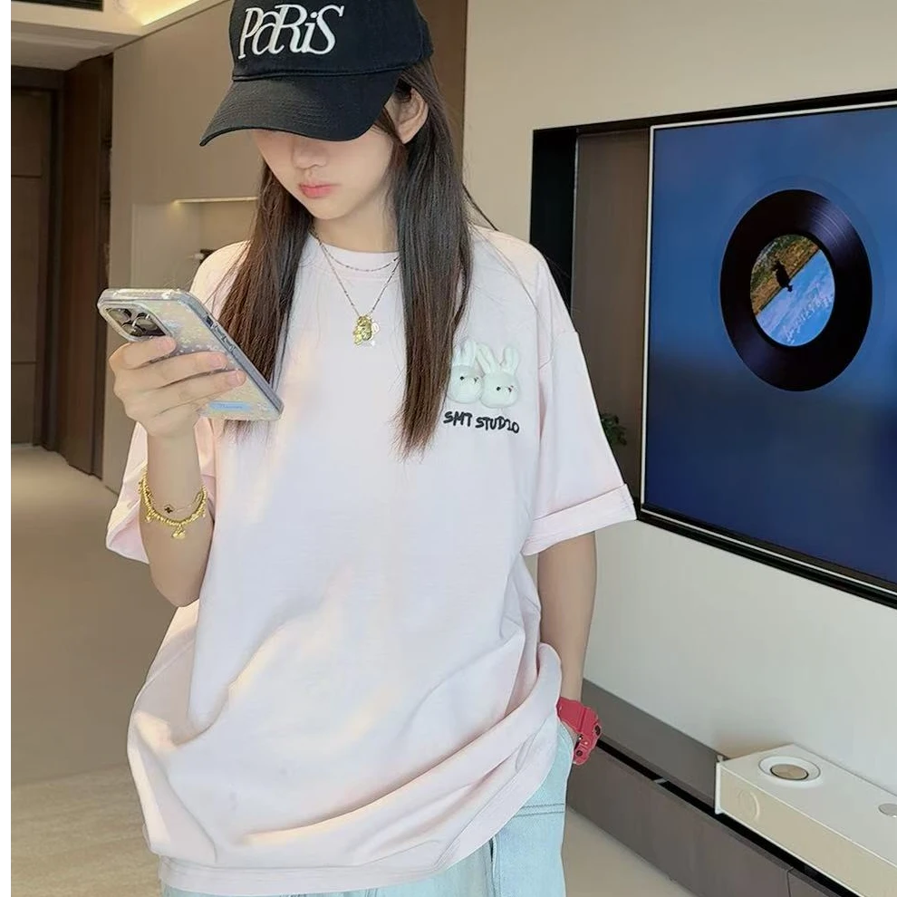 TTY青少年装 2025夏季休闲宽松圆水印小兔子圆领短袖T恤279196