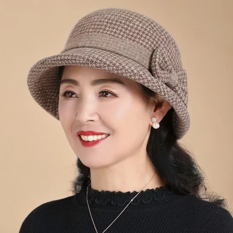 新款毛呢盆帽女士秋冬季礼帽中老年帽子妈妈帽洋气渔夫帽老人时尚