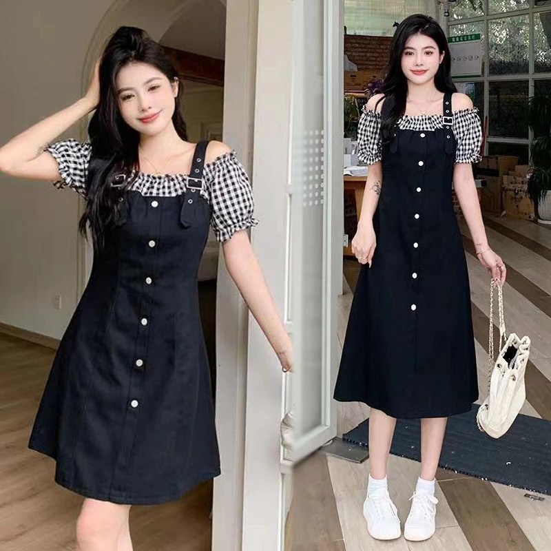 （80-200斤）微胖mm夏季新款法式茶歇森系显瘦假两件辣妹连衣裙1544