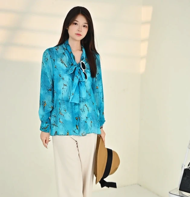 CJ039 林秀英 -C家  知性系飘带印花蚕丝长袖衬衫WAB1320