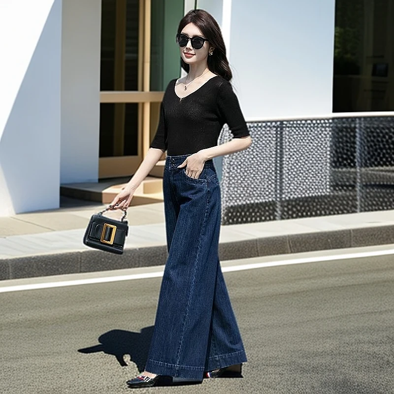 2025年秋冬新款女裤高腰大码牛仔阔脚裤宽松直筒小个子九分阔腿裤