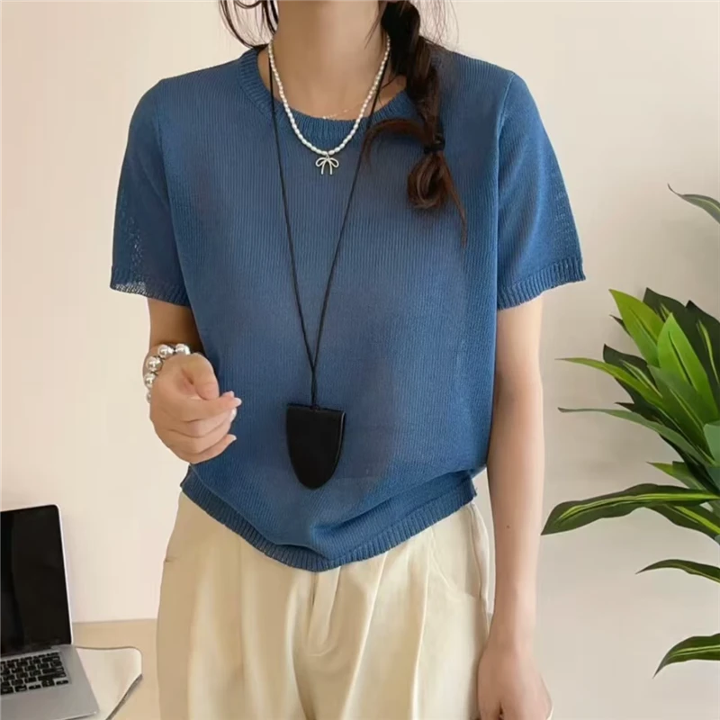 和纸纱夏季薄款圆领针织衫短袖高级感洋气上衣