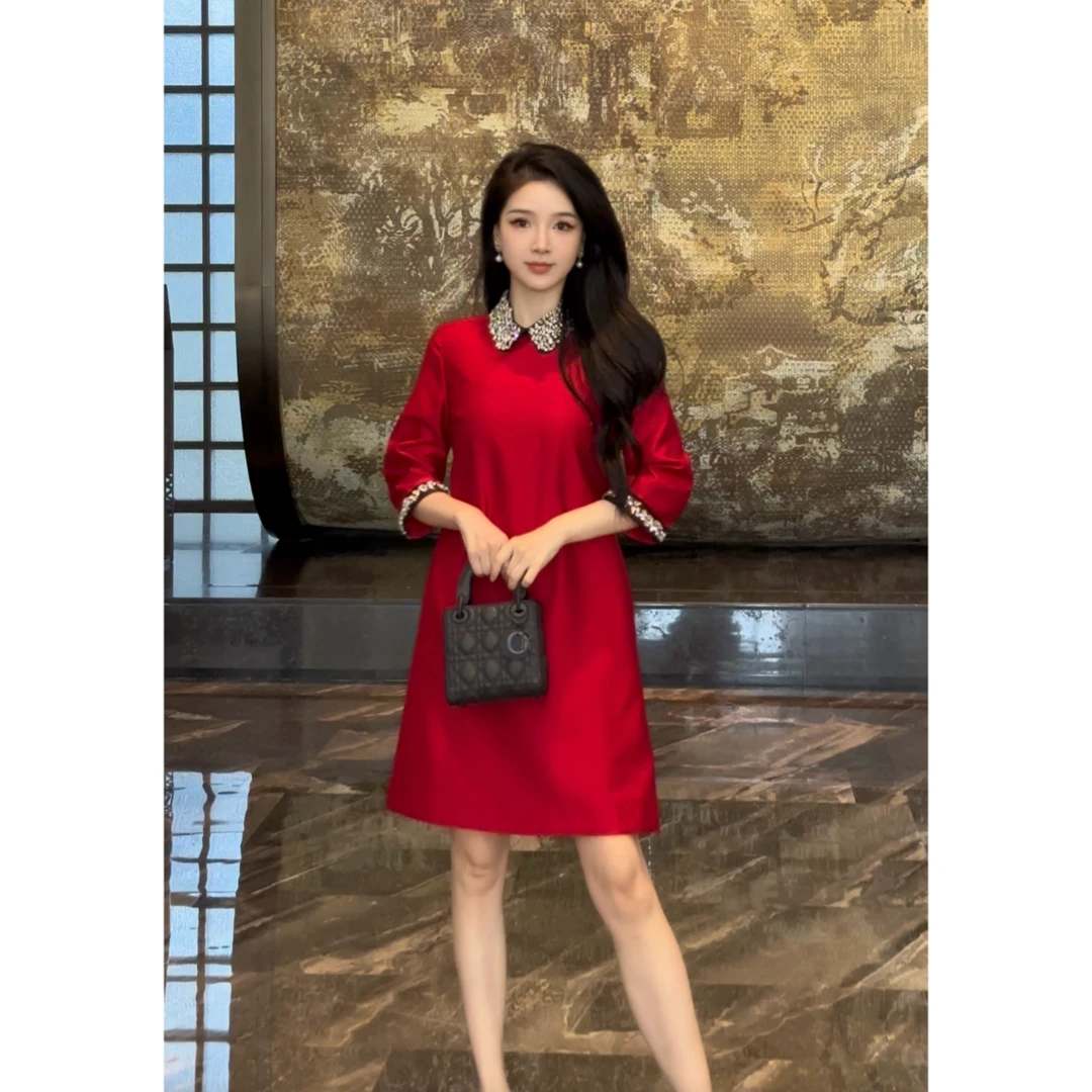 YUANBAO 复古秋季轻熟风减龄娃娃领七分袖显瘦修身时尚女装连衣裙