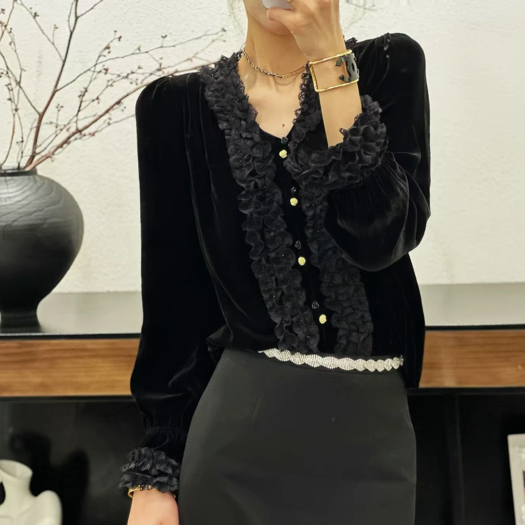 GZ3722真丝桑蚕丝丝绒花边长袖小香风上衣黑色