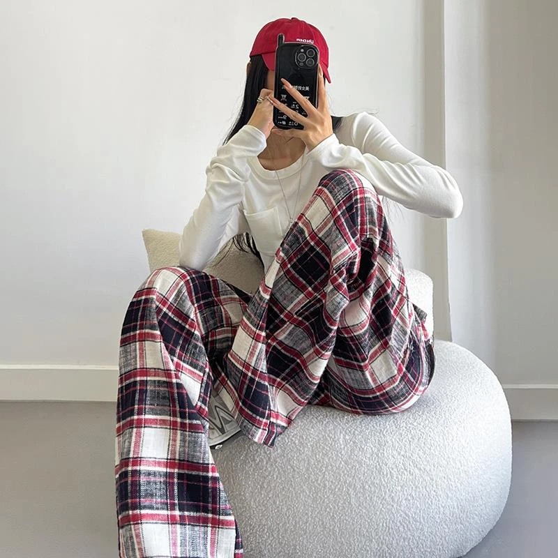 美式复古高腰格纹磨毛直筒阔腿裤女冬保暖休闲拖地长裤