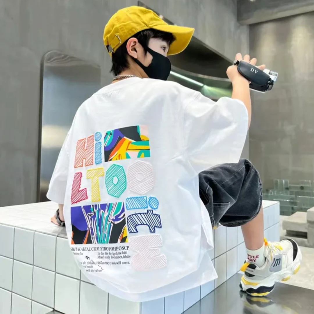 潮童bi备款~男童夏季新款字母印花亲子款百搭薄款休闲T恤8861