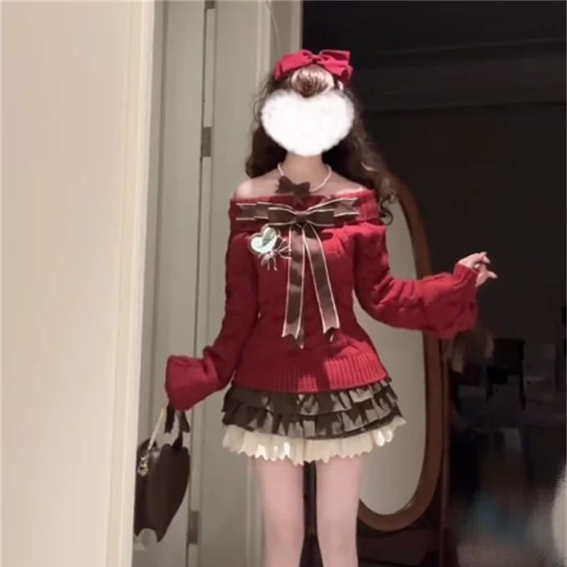 秋冬季新款韩系甜美温柔风红色蝴蝶结针织上衣女高腰显瘦半身裙潮