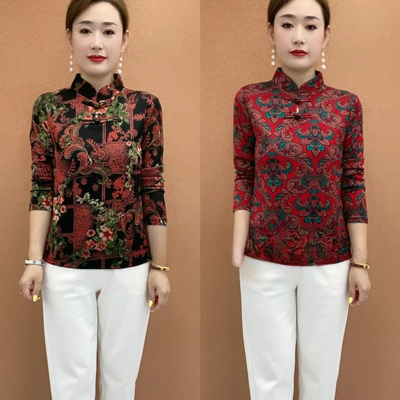 民族风长袖旗袍服装小衫妈妈装洋气春装上衣女百搭衣服显瘦打底衫