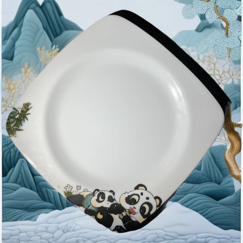 造辞景德镇耐高温防滑高档家用餐盘熊猫方形