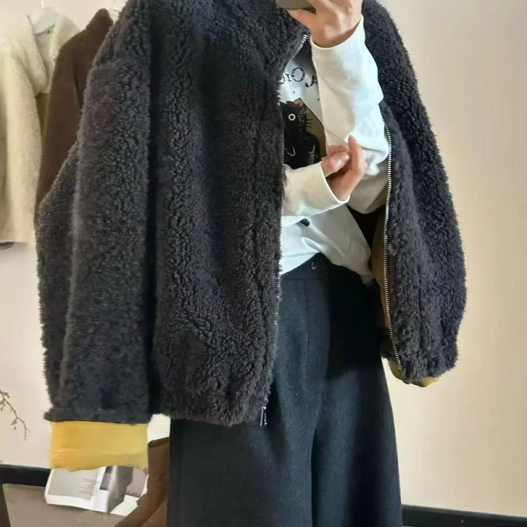 2025冬季新款时尚毛毛外套女宽松立领加绒保暖毛毛上衣