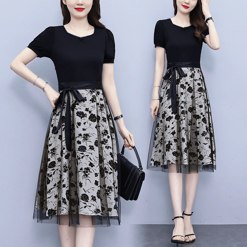 轻奢高端长款假两件短袖连衣裙夏新款高档感气质减龄洋气收腰女装