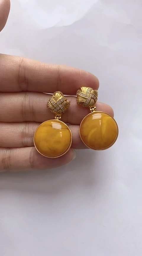 【闪购商品】琥珀裸石银S925镶嵌蜜蜡耳钉