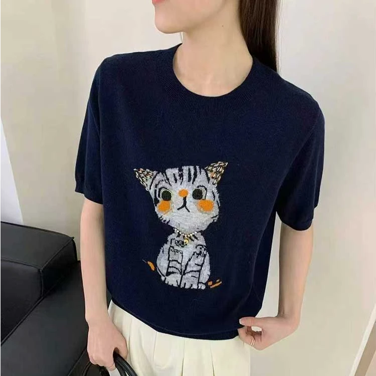 大码女装小猫提花刺绣针织衫夏季圆领高级感透气薄款t恤上衣3633