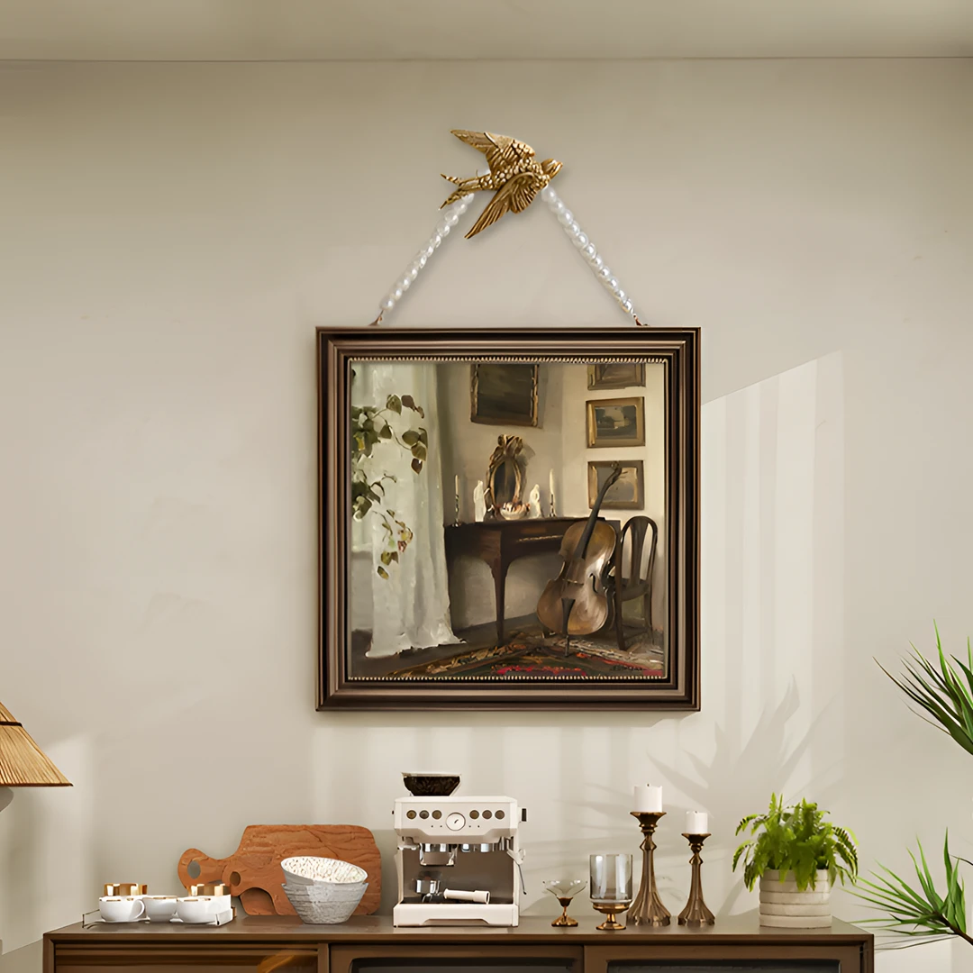 小众法式中古风餐厅装饰画轻奢高级感挂画复古燕子客厅沙发壁画