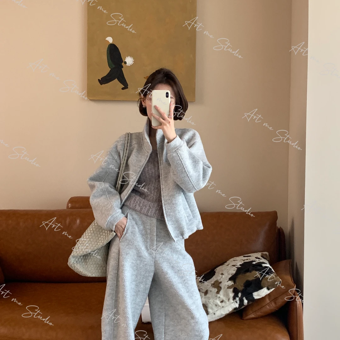 【ART ME】静谧浅灰调羊毛混纺利落夹克松弛套装w2117j1