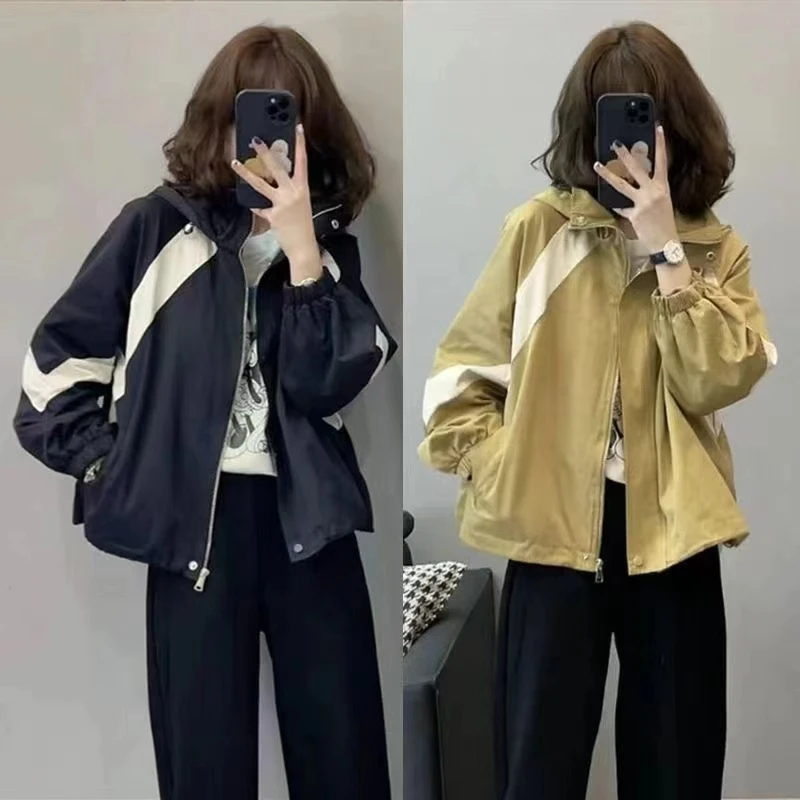 8025休闲宽松棒球服外套女百搭连帽冲锋衣春秋季短款工装夹克上衣