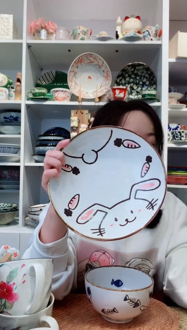 陶瓷【到手两支】美浓烧可爱兔子大深盘21cm