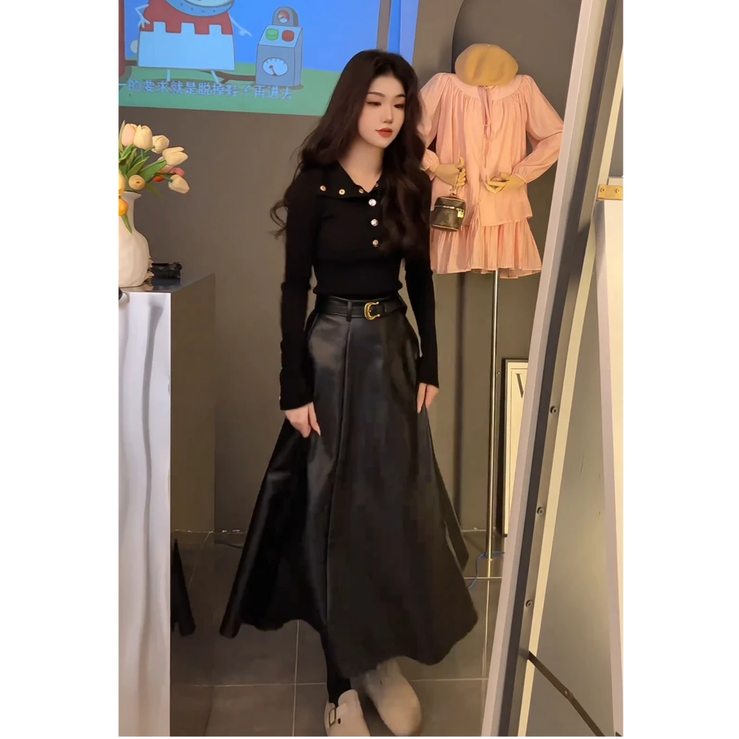 2025秋季新款女装高级感气质时尚针织衫上衣高腰显瘦皮裙半身裙子