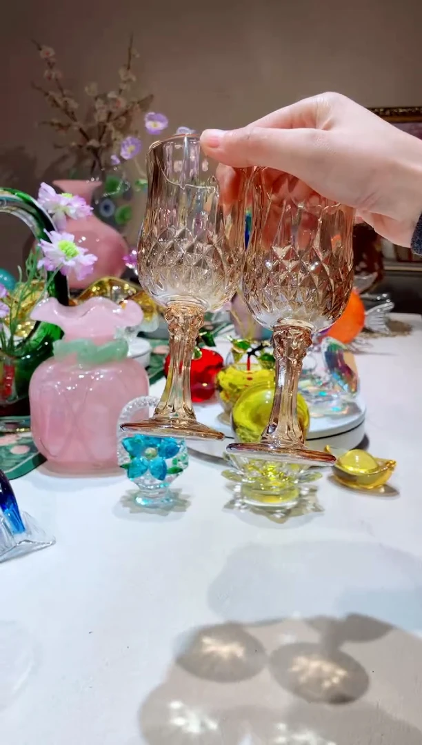 【闪购商品】琉璃手工艺品金色高脚杯2只