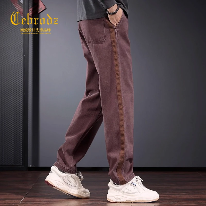 法国Cebrodz潮牌工装裤子宽松直筒锥形裤秋款枣红色男士休闲长裤