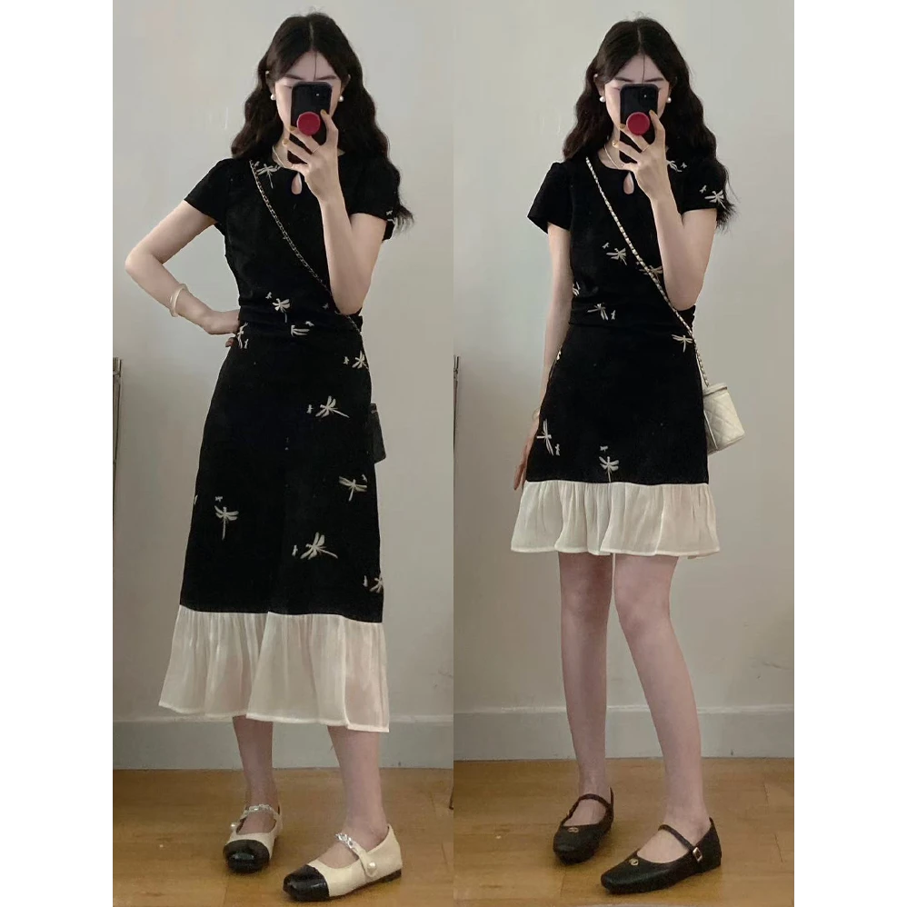 大码女装【蜓蜓玉立】胖mm新款夏季新中式气质显瘦减龄法式连衣裙