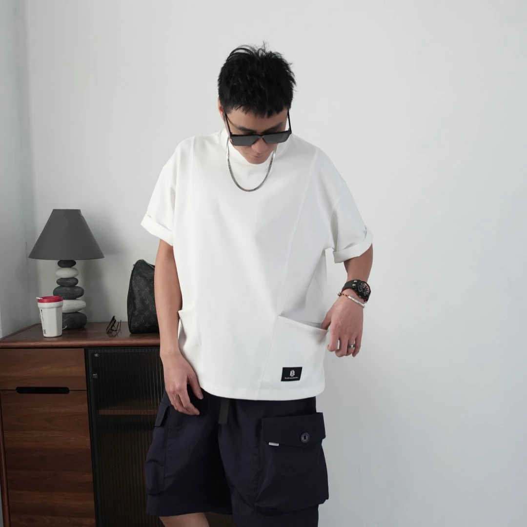 短袖男t恤高级感男装英伦痞帅潮牌口袋工装风设计师休闲款男士