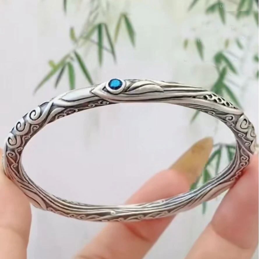 鹿怡 足银手镯 足银999.9乾坤圈手镯35克复古国风个性闭口银手镯