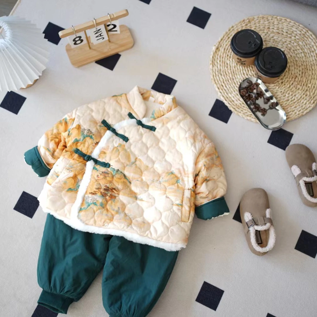 胡子头冬季男宝中国风满印山水画加厚两件套SQ1540