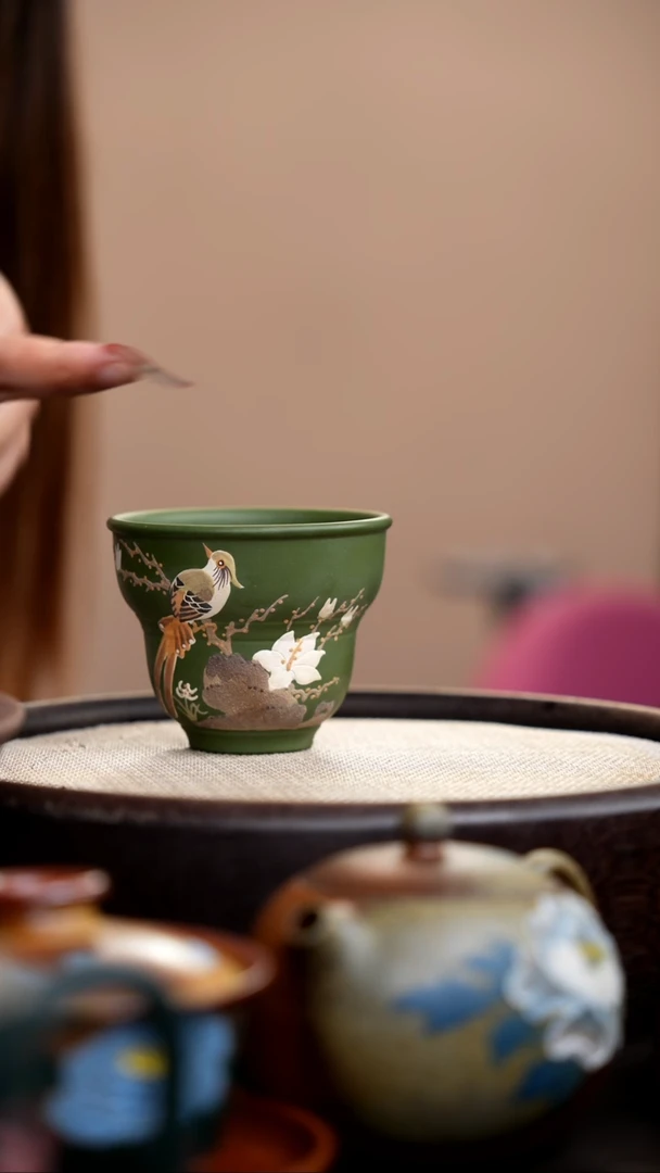 茶壶紫砂民国绿葫芦杯泥绘鸟