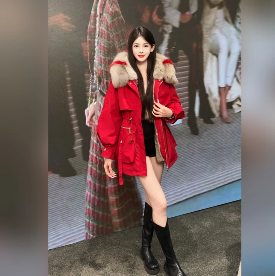小狐仙海宁爆款皮草派克服兔毛内胆可拆卸狐狸大毛领 fo