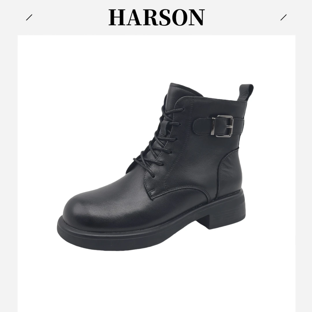 Harson/哈森女短筒纳帕纹马丁靴侧拉链交叉绑带冬季防水台230120