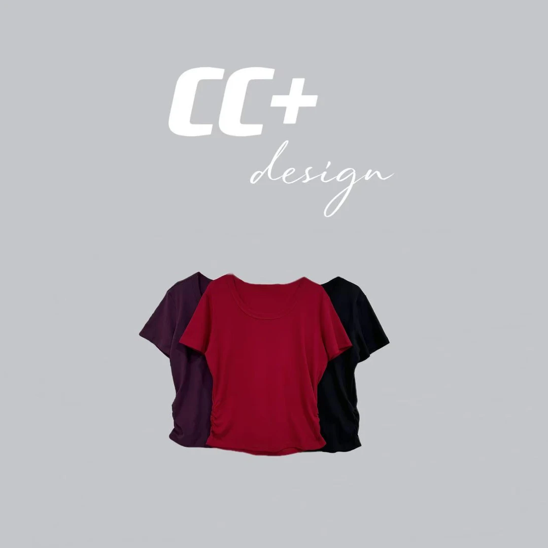 微胖纯色修身显瘦圆领褶皱短款短袖上衣女1226#