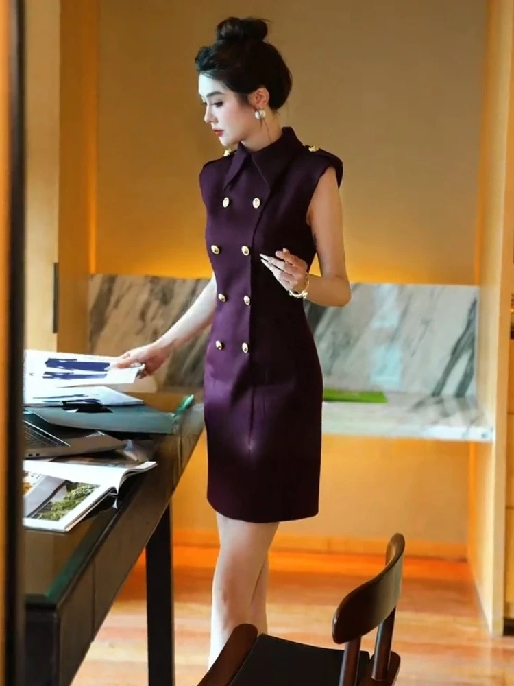 气场强大轻奢高端气质名媛女神范绝美上档次小香风紫色连衣裙夏季