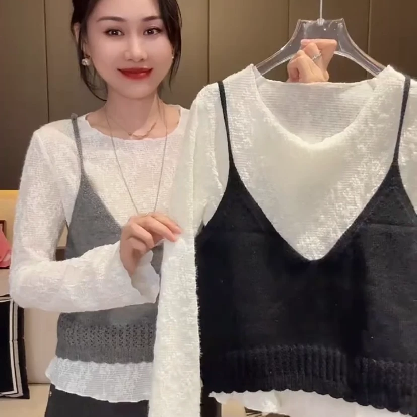 欧货新款设计感针织马甲蕾丝衫两件套女气质百搭叠穿上衣