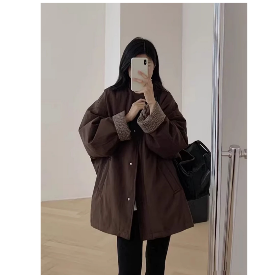 立领棉衣棉服女2025新款冬季休闲风宽松慵懒风中长款保暖夹棉外套