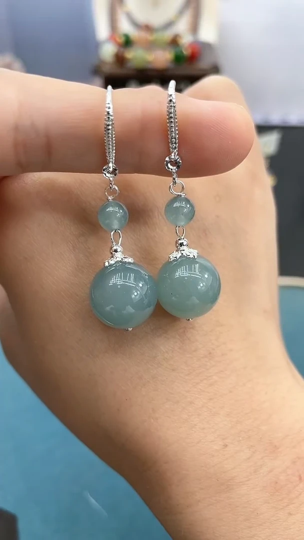 翡翠银S925镶嵌耳饰14mm蓝水双珠